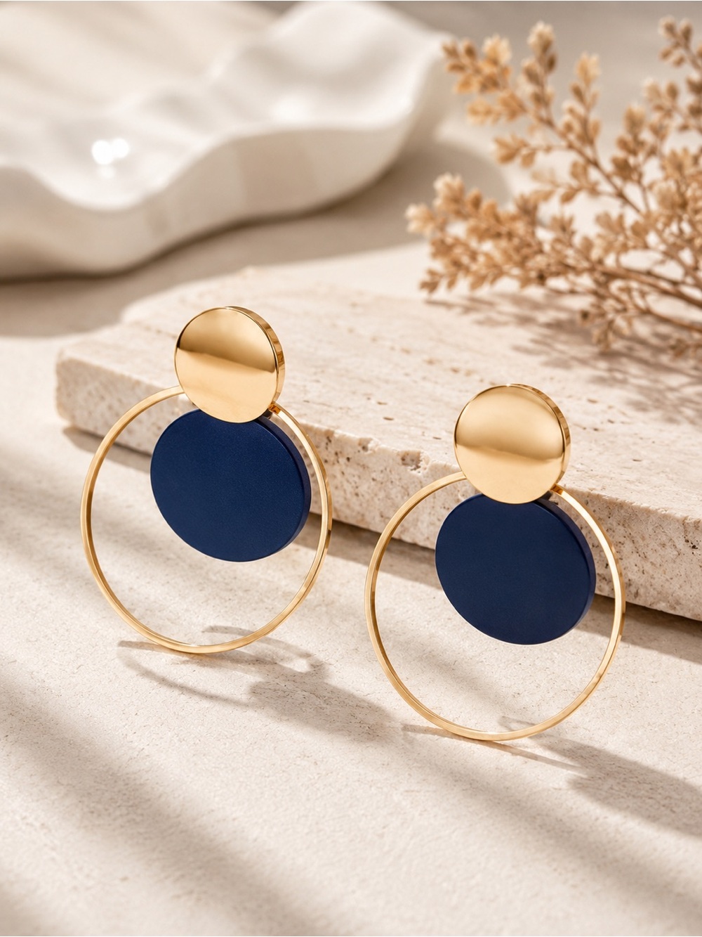 Gold Hoop Earrings with Navy Disk - Women Jewelry